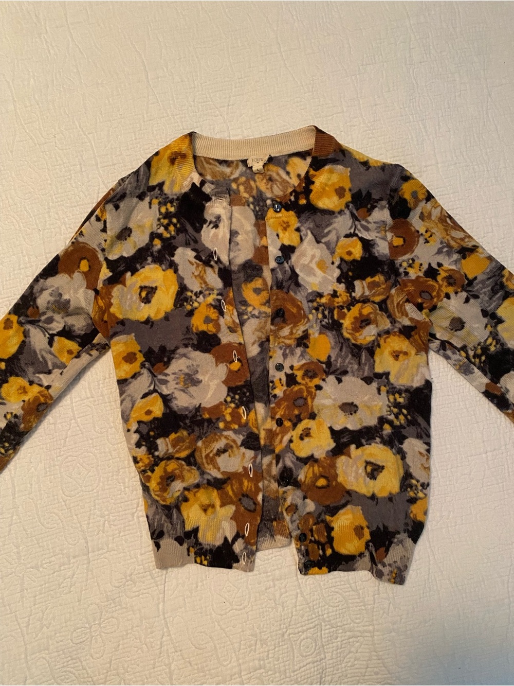 J. Crew Floral Knit Cardigan in Yellow, Gray and Brown